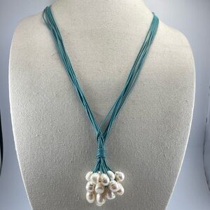 Beautiful Unsigned Blue Corded Tassel Genuine Pearl Necklace Statement